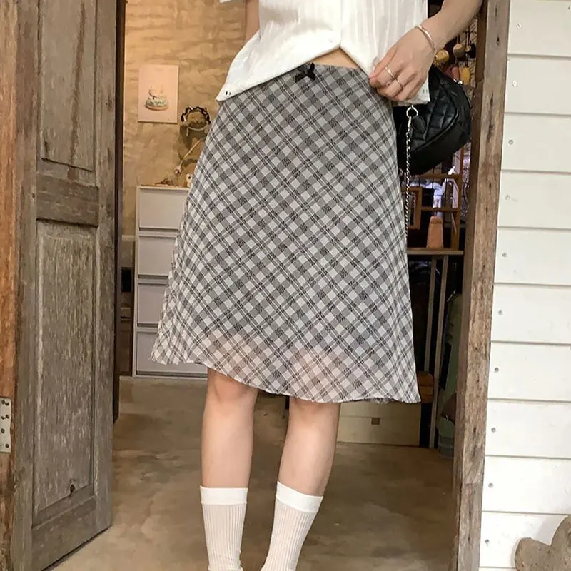 

Aura Vintage Plaid Knee Skirts Women's Clothing High Waist 2026 Summer New Preppy Style Fashion Bow Korean A-Line Basic Skirts