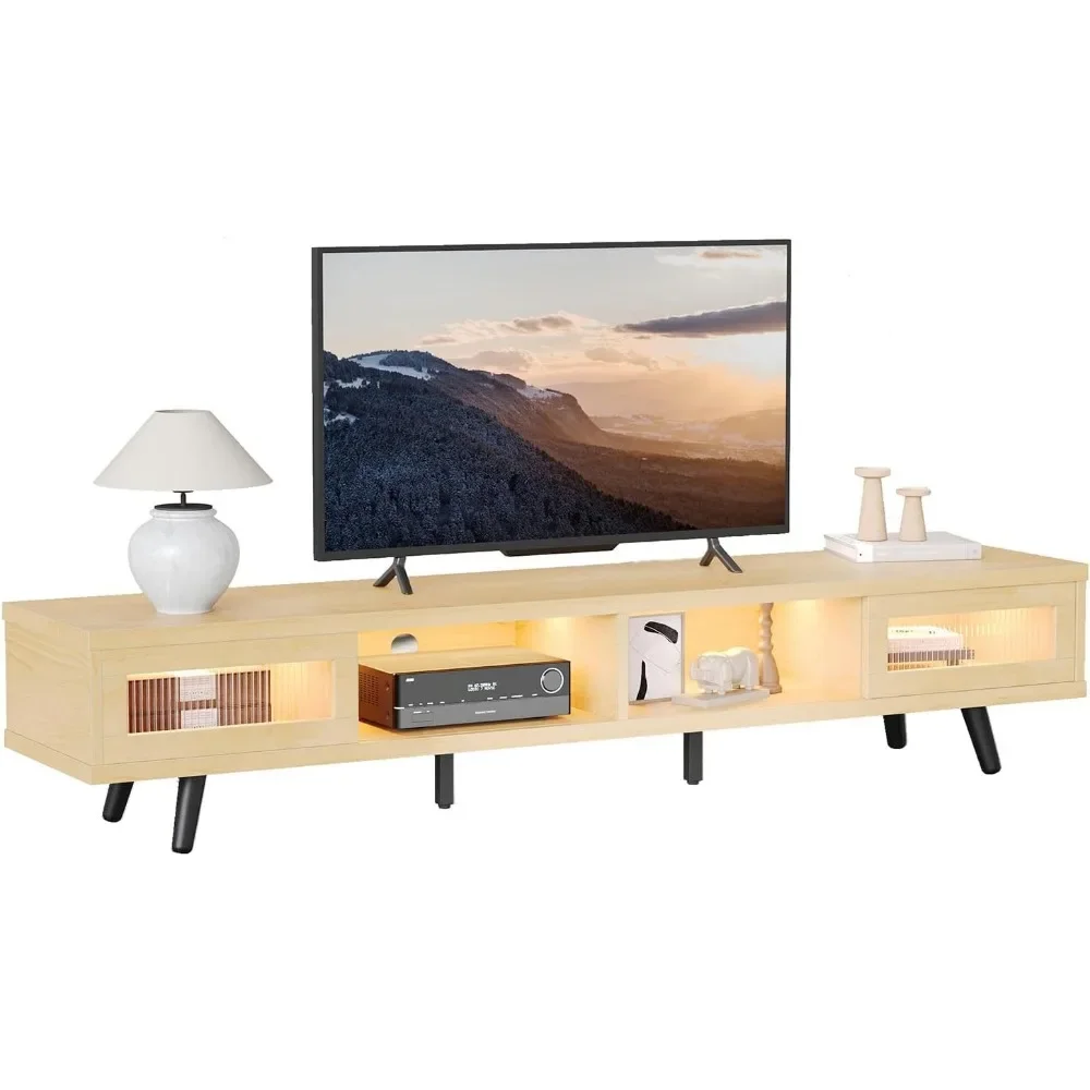 Dudukan TV Modern untuk TV 75 inci, kabinet TV LED dengan penyimpanan & pintu geser, konsol TV profil rendah untuk ruang tamu, Maple putih