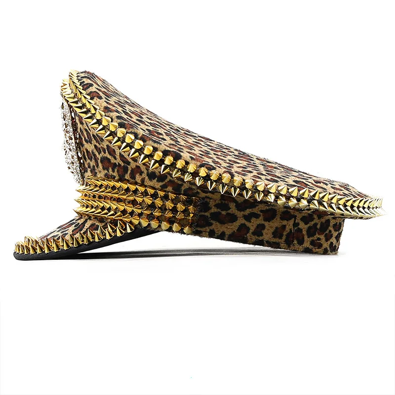 European And American Big Round Hat Leopard Print Rivet Hat Masquerade Punk Hip Hop Stage Performances Are Novel And Unique