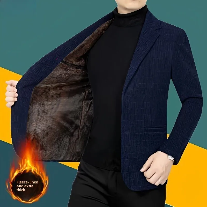 

Men's High-End Fce-Lined Thiened Busin Coat Mid-Young Adult Winter Outerwear Double Slit Regular Sve Length