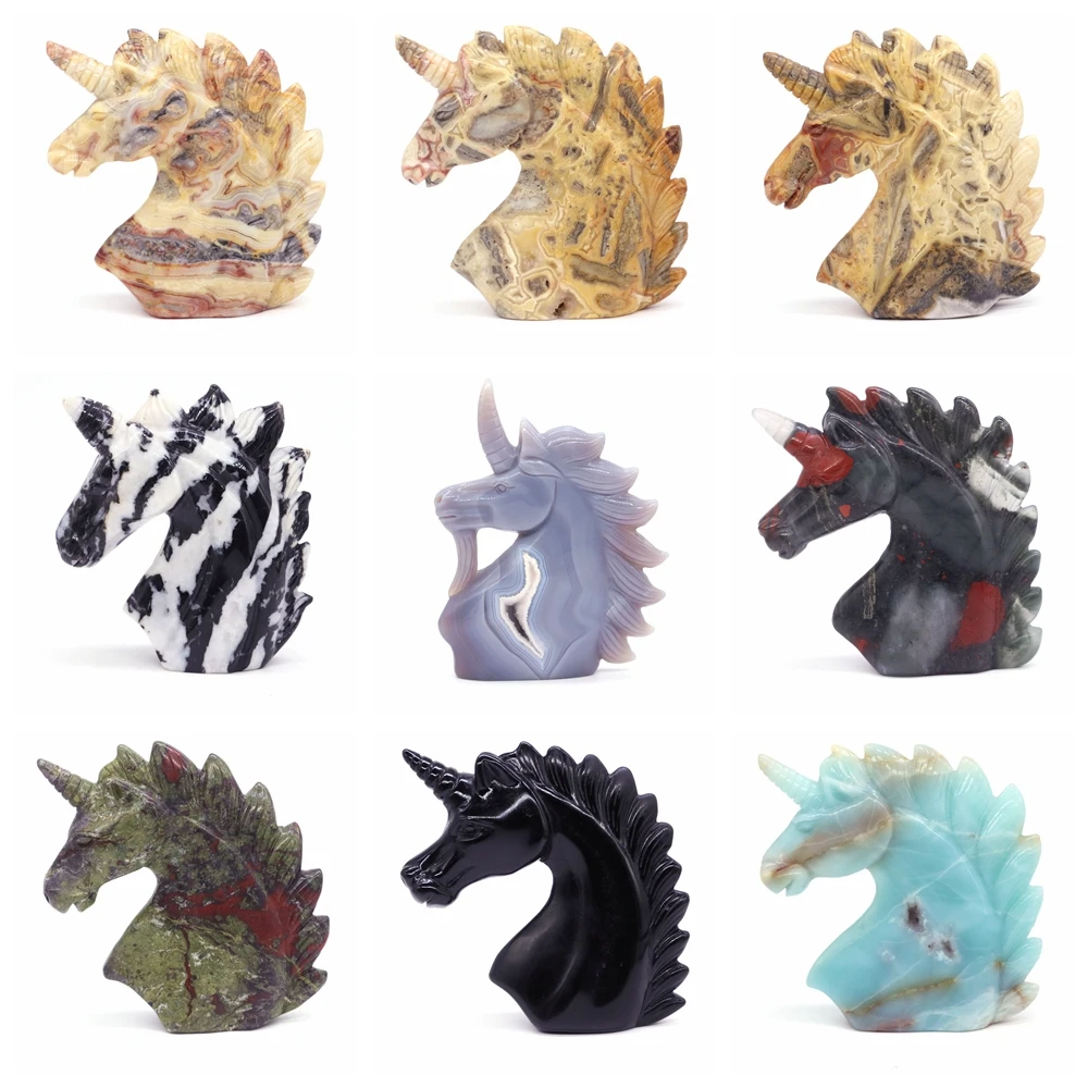 

Натуральный камень Сумасшедший агат Амазонит Черный обсидиан Кристалл Рейки Исцеляющий драгоценный камень Единорог Украшение дома Подарки фэн-шуй