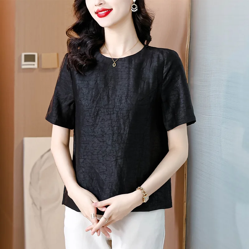 Été nouveau lâche femmes T-irt ort Sve soie Lyocell tissu ventre couvrant maman irt confortable respirant rond Ne haut