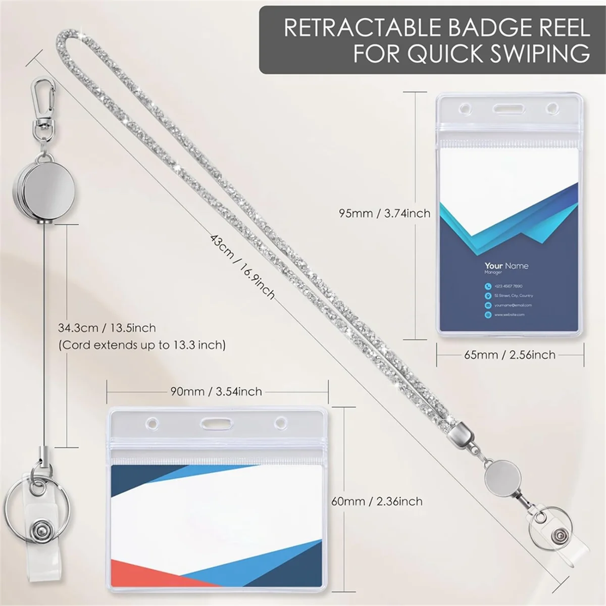 ABJS Lanyards for Id Badges 9 in 3 Set Bling Badge Lanyard with Id Badge Holder Retractable Crystal Teacher Lanyards
