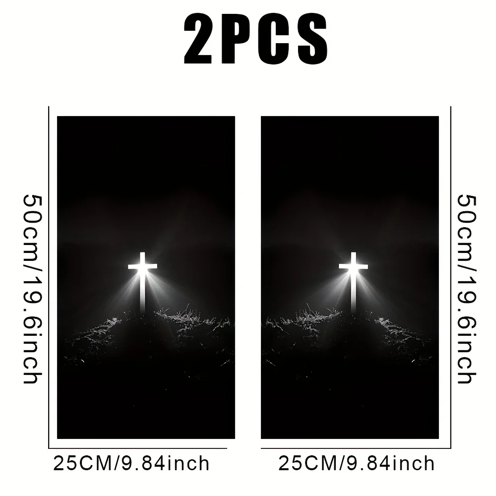 2Pcs Holy‑Light Cross Car B‑Pillar Decor Stickers Single Size 25x50cm Dark Background With Glowing Cross Pattern