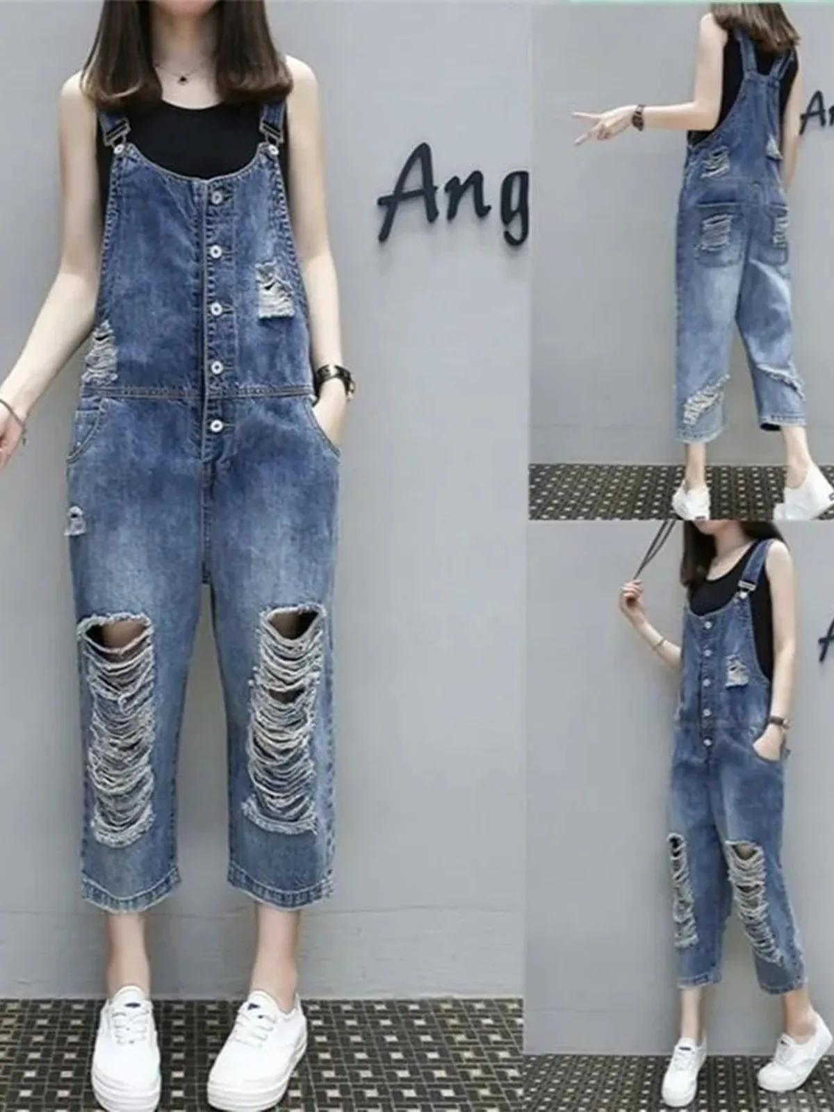 Women's Denim Overalls Tear Hole Style Nine Points Two-Piece Set Fashionable Youthful Summer 2026 New Arrival Natural Waist J...