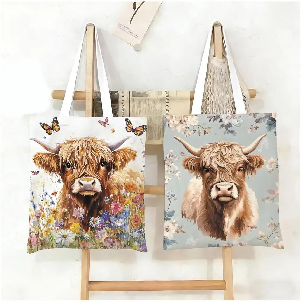 Mountain cattle Storage Bags Canvas Double-Sided Print Tote Bag Large Capacity Shoulder Fashion Shopping Handbag