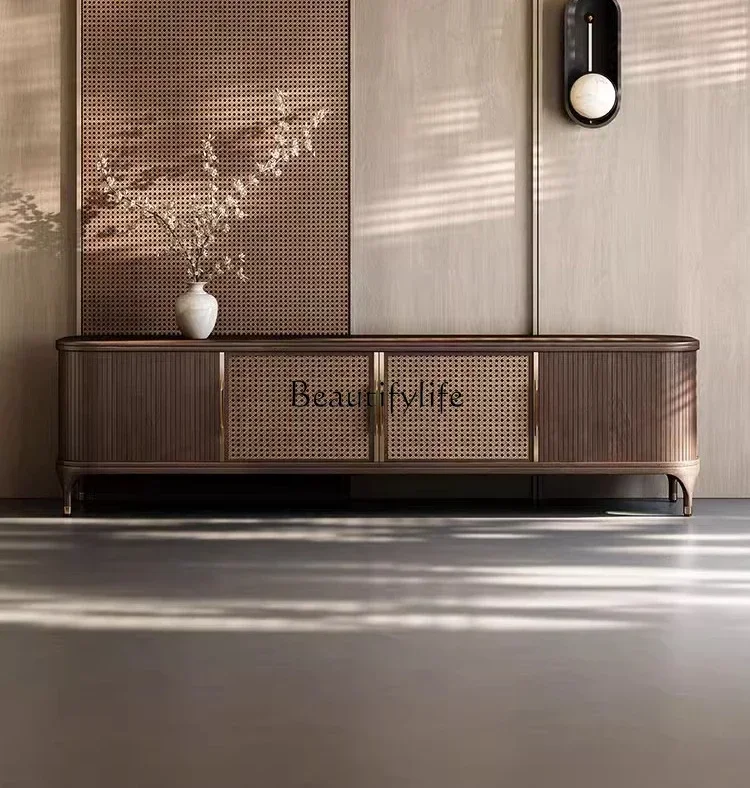 

35FG26-*Medieval walnut TV cabinet retro rattan new Chinese TV storage cabinet