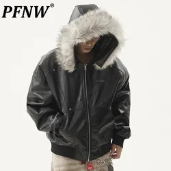 PFNW Men's Detachable Fur Collar PU Leather Jacket Black Cotton-padded Coat Cleanfit Oversized Silhouette Winter Clothes 28W5498