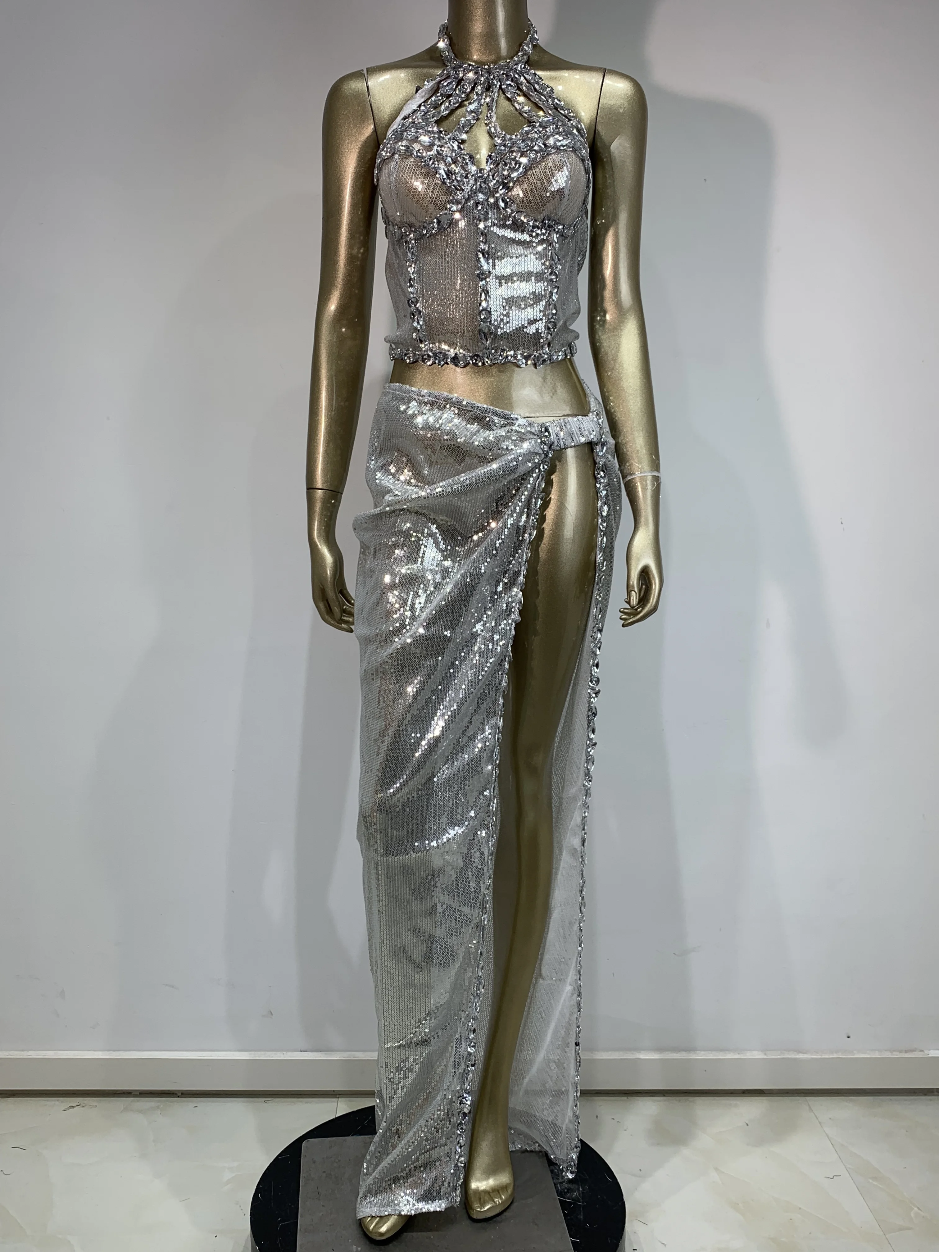 

Блестящие стразы и блестки, вечерний комплект из двух предметов, роскошный комплект для дня рождения, ночного клуба, выпускного вечера, кристаллов, ночного клуба, танцевальный костюм для выступления, сценический наряд