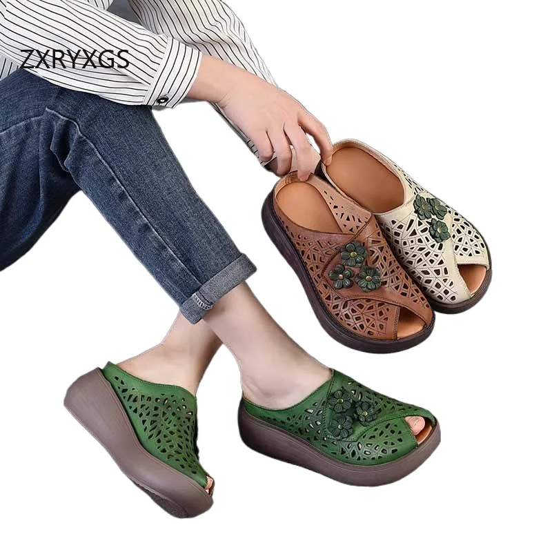 

ZXRYXGS 2026 New Summer Classic Flowers Hollow Premium Cowhide Leather Slippers Outerwear Elegant Women Sandals Wedges Slippers