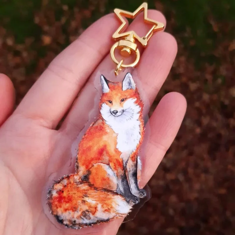 Fluffy Red Fox Guardian Acrylic Keychain, Kawaii Bag Charm Pendant Decorative Key Ring for Backpack Purse Wallet, Cat Lover Gift