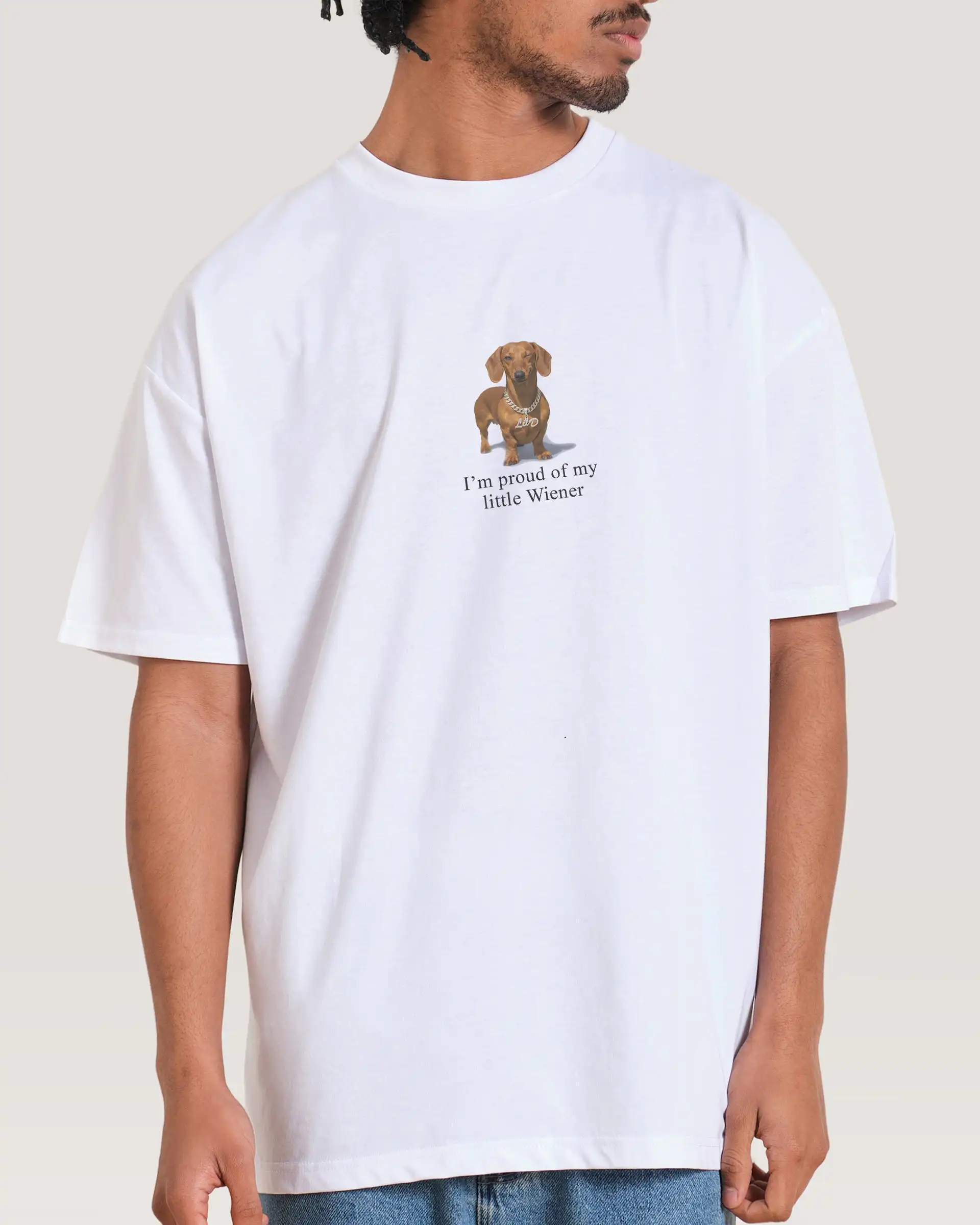 White Little Wiener Dog Fun Meme Street Trend Brands Graphic T-Shirt Cotton Men Women Streetwear Tee