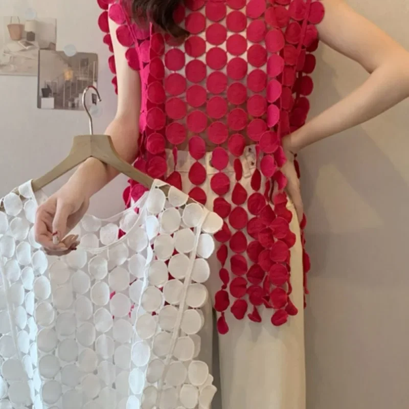 2026 Spring Summer New Dopamine Style Rose Red Hollow Out Irregular Vest Suspender Women Chic Thin Stacked Tank Top