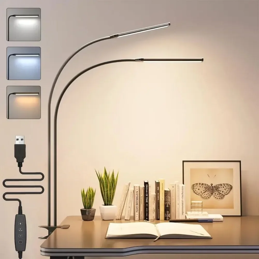 USB Powered Eye Protection Table Light 3-color 10 Level Brightness Adjustment Clip On LED Desk Lamp For Bedroom With Adapter