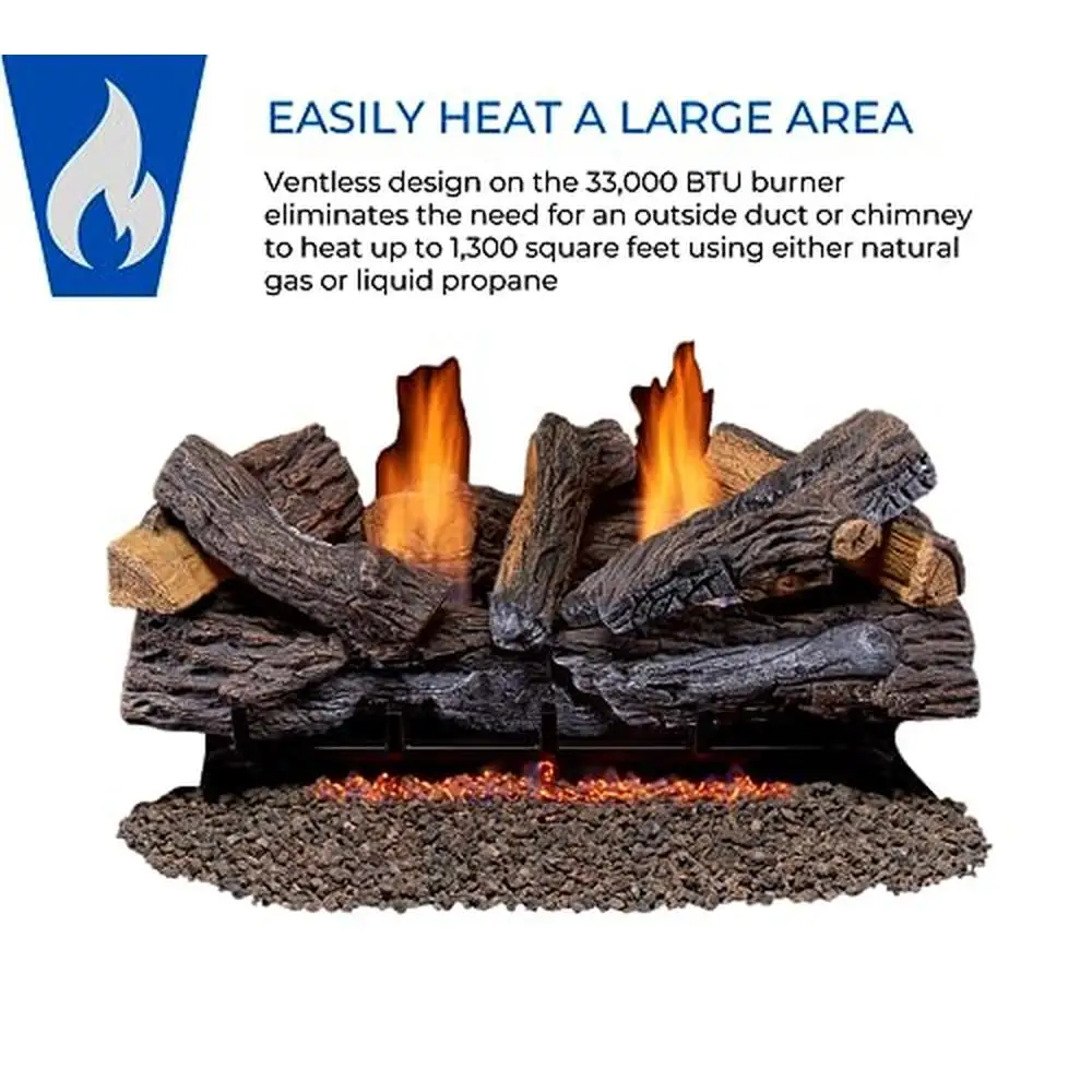 Ventless Fireplace Logs Set Remote Control Dual Fuel 33000 BTU Natural Gas Liquid Propane Stacked Red Oak Hand-Painted Ceramic