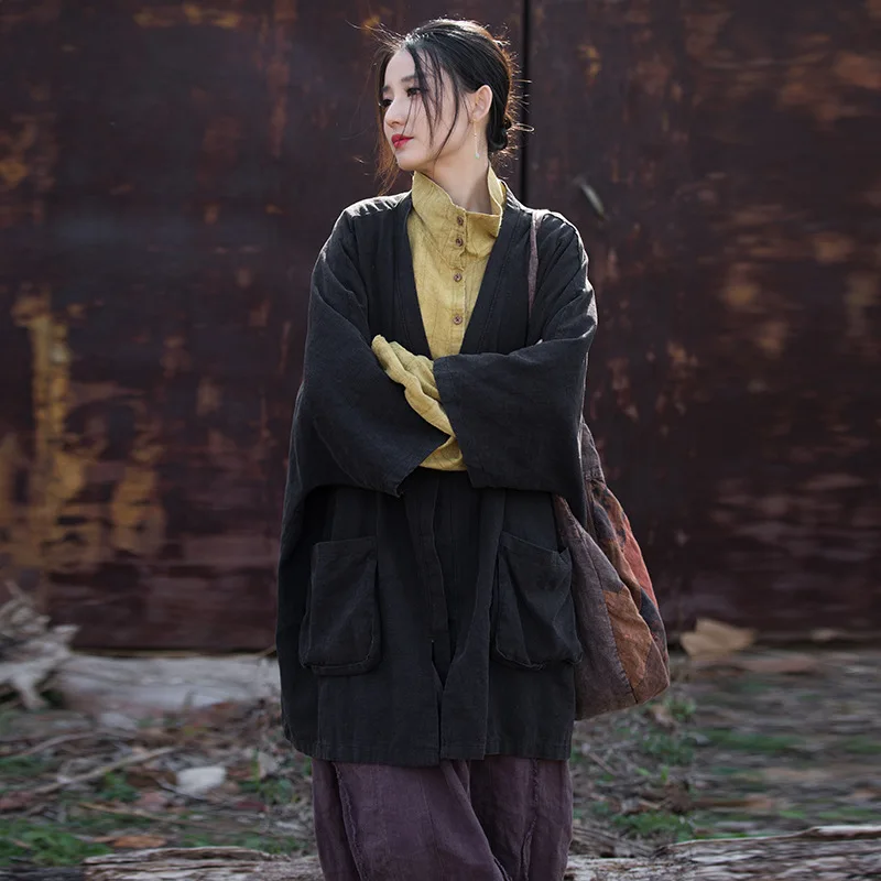Outono inverno mistura de algodão tingido original robe-estilo casaco solto-ajuste de comprimento médio cardigan preguiçoso boho-chique topo feminino