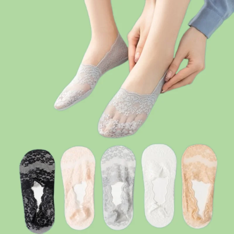 

3/10 Pairs New Cherry Blossom Lace Cotton Bottom Non-slip Invisible Short Socks Summer Deep Mouth Boat Socks Striped Light Socks