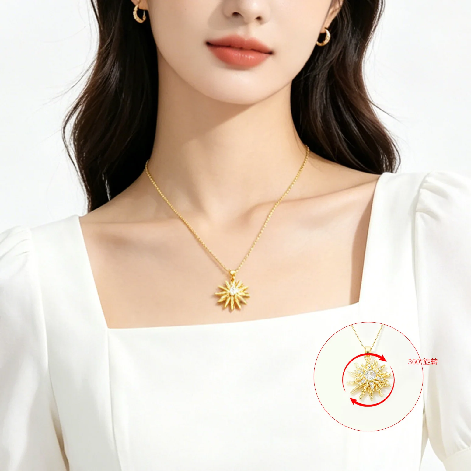1Pc Unique 360° Rotatable Sunflower Necklace, Gold Rhinestone Pendant for Women, Great Gift for Girlfriend & Best Friend