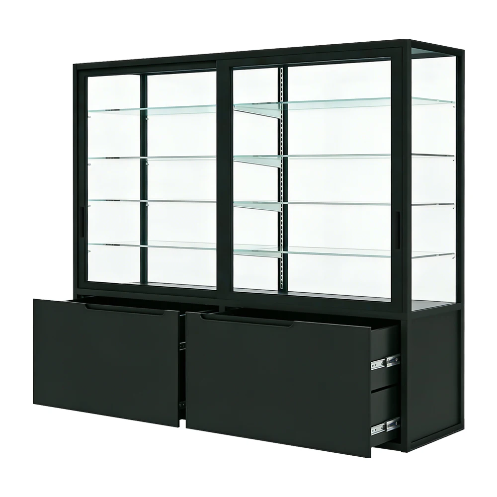 APEX Custom Retail Store Fit Out Glass Display Cabinet POS Display Stand With LED Lighting And Adjustable Shelves