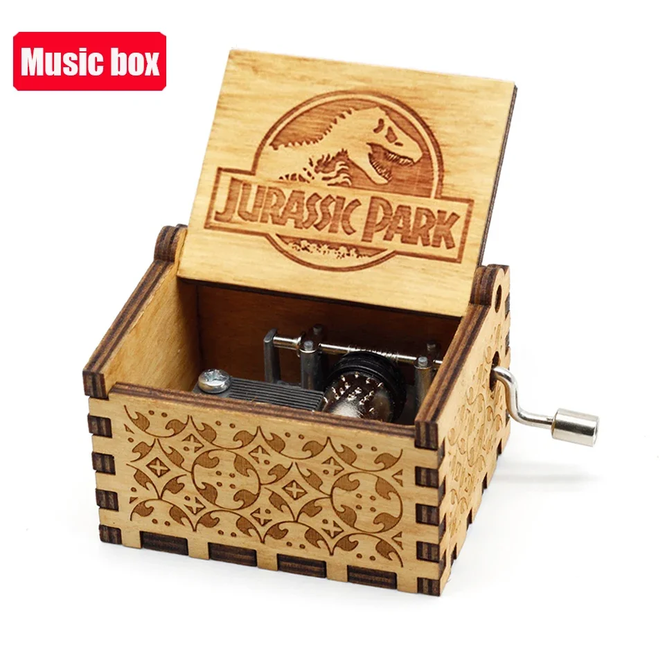 Hot Antique carved Wooden Hand Crank Jurassic Park Music Box figure Happy Halloween Christmas Birthday Gift