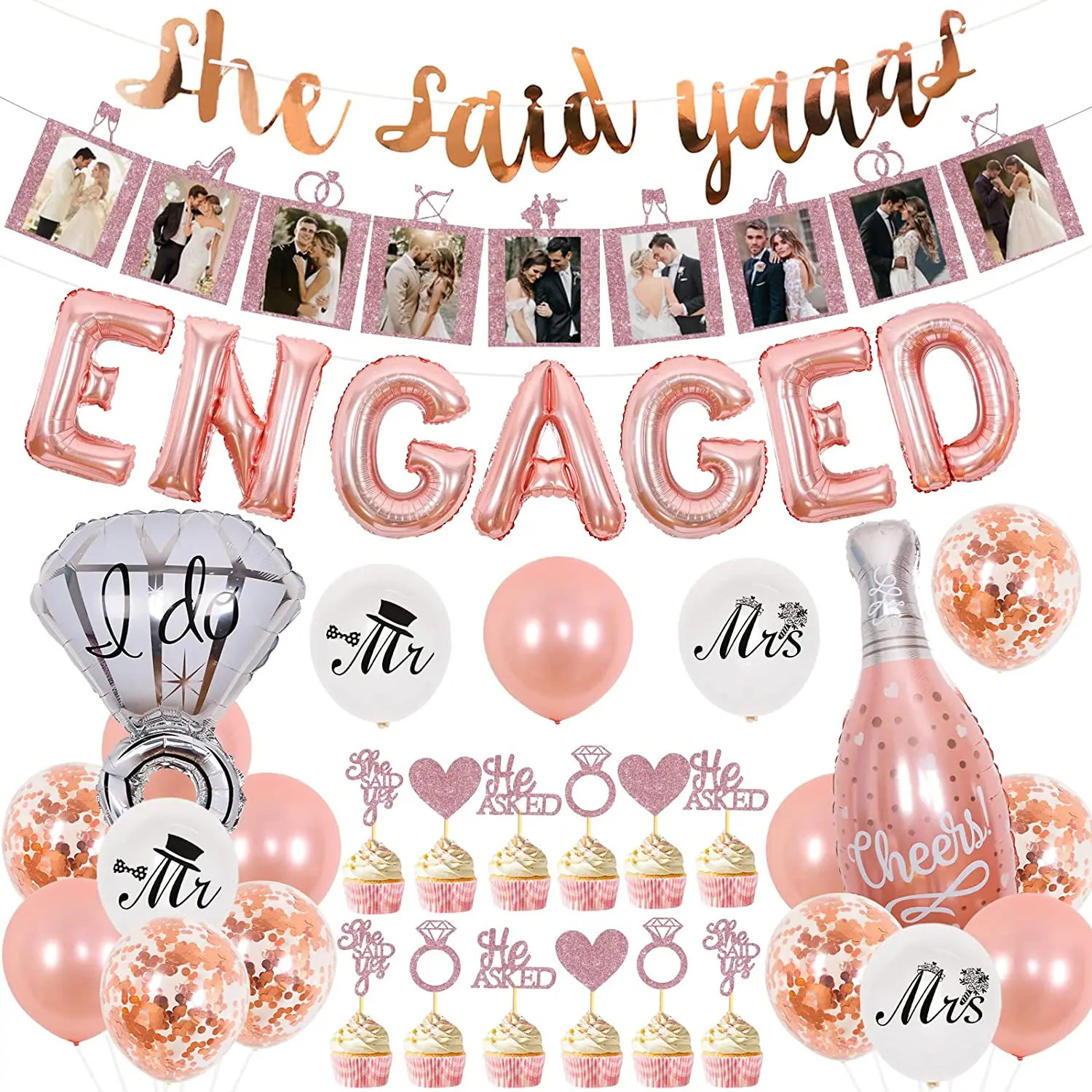 

Rose Gold Engagement Party Decorations, She Said Yaaas Photo Banner, He Said, Yes Cake Topper, Mr Mrs Diamond Ring Balloon