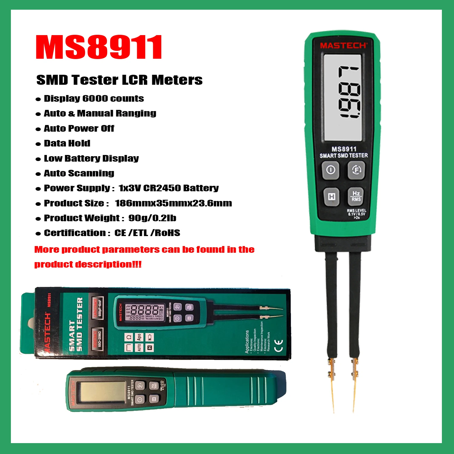 MASTECH-Smart Digital SMD RC Multi Meter, Auto Scan Tester, Função de Verificação de Continuidade, Alta Qualidade, MS8910, MS8911