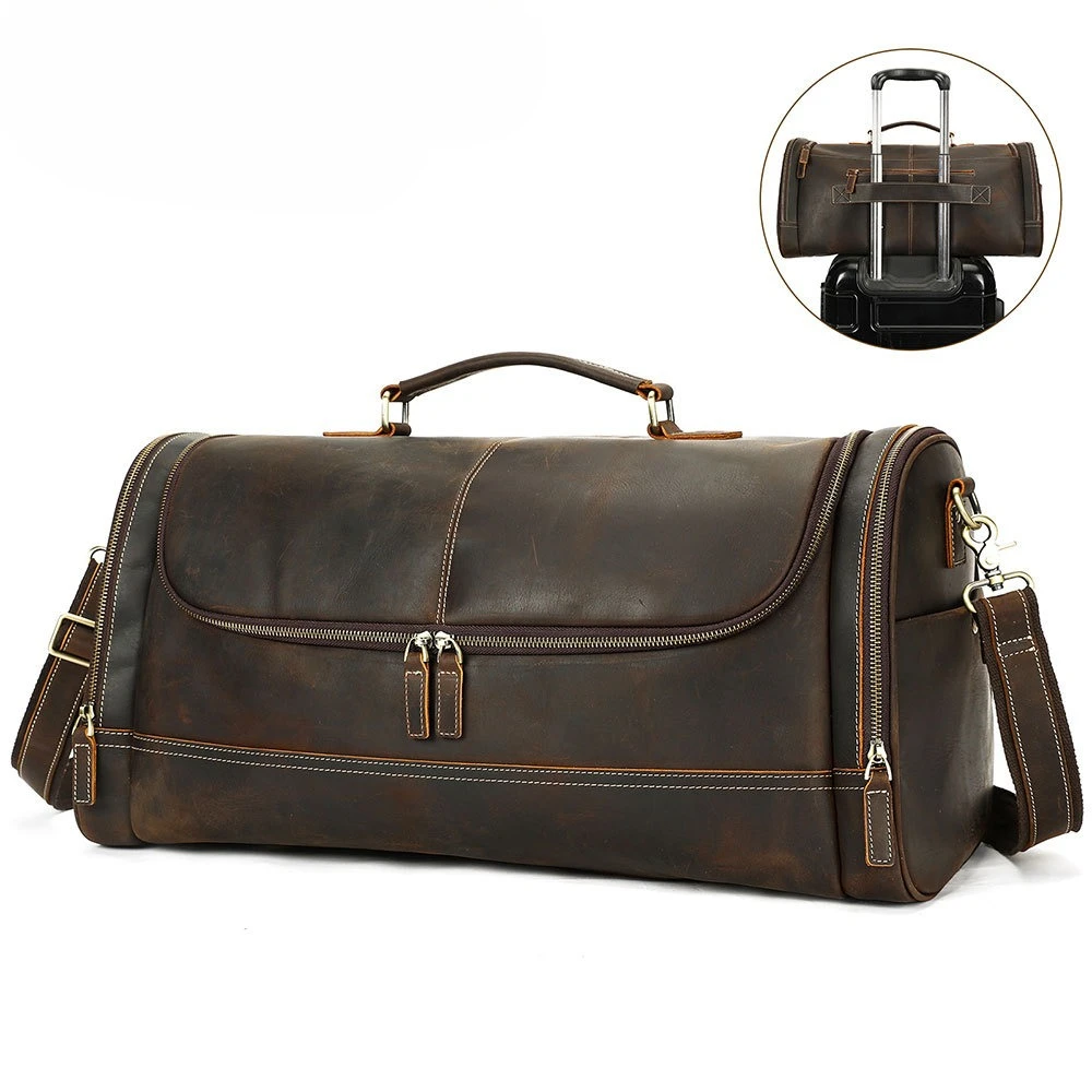 Men's Genuine Crazy Horse Leather Duffle Bag Large Capacity Vintage Travel Weekender Overnight Luggage Bag for Men