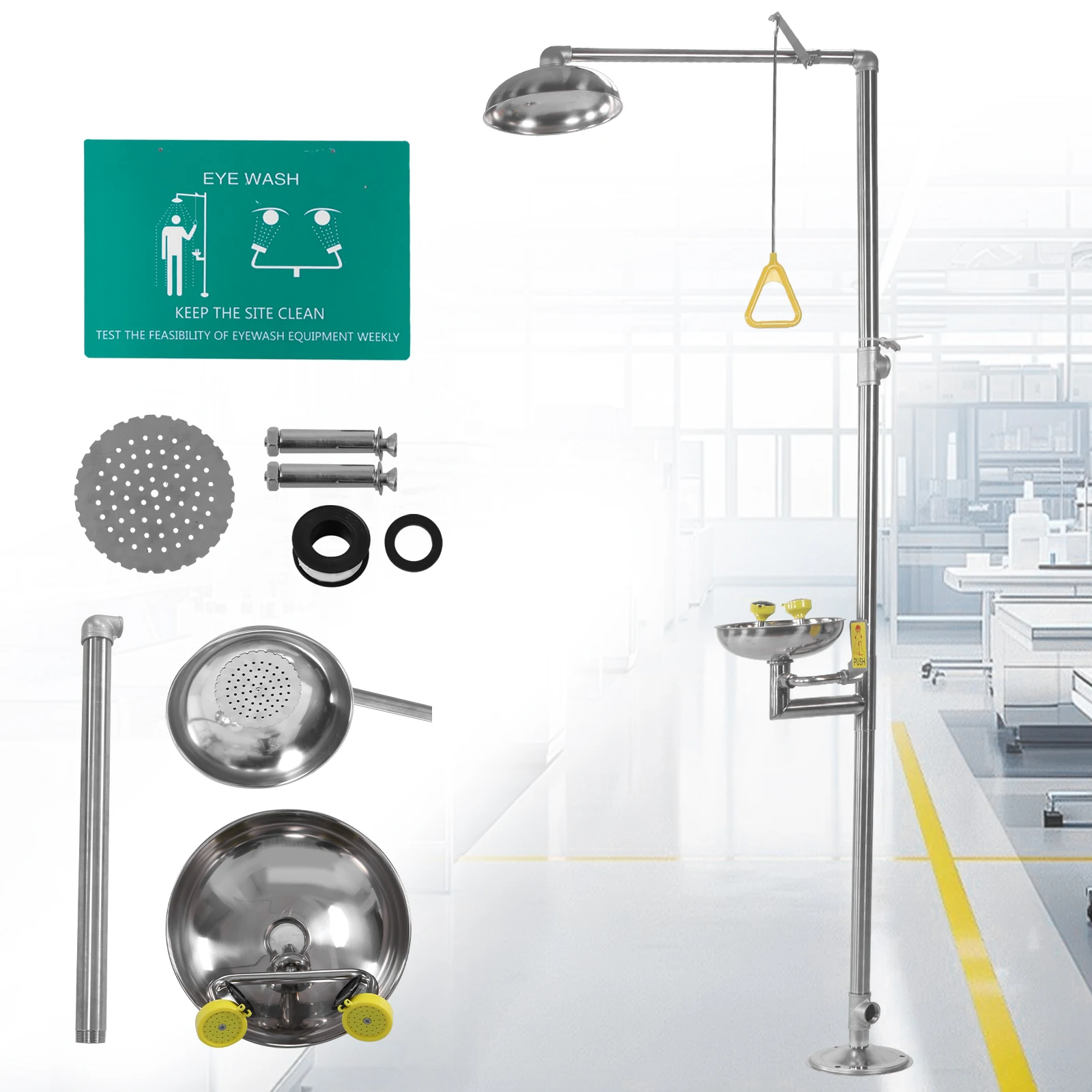 

Eye Wash and Shower Combination Kit 304 Stainless Steel Emergency Eye Washer 90.55 Inch for Industrial & Commercial & Lab Use