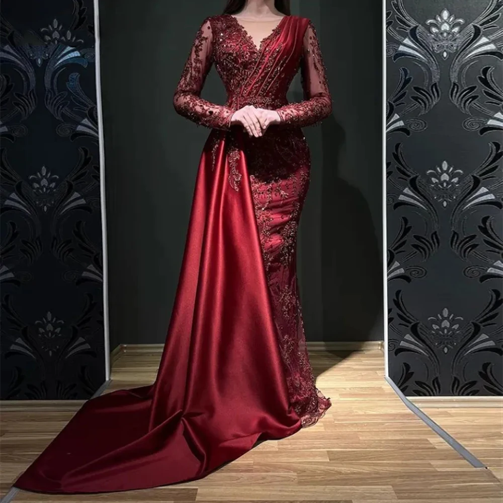 Robe de Soirée en Satin à Col en V et Manches sulfpour Femme, Tenue de Bal de Promo Formelle, de Plage, Couleur Vin Rouge, Personnalisée