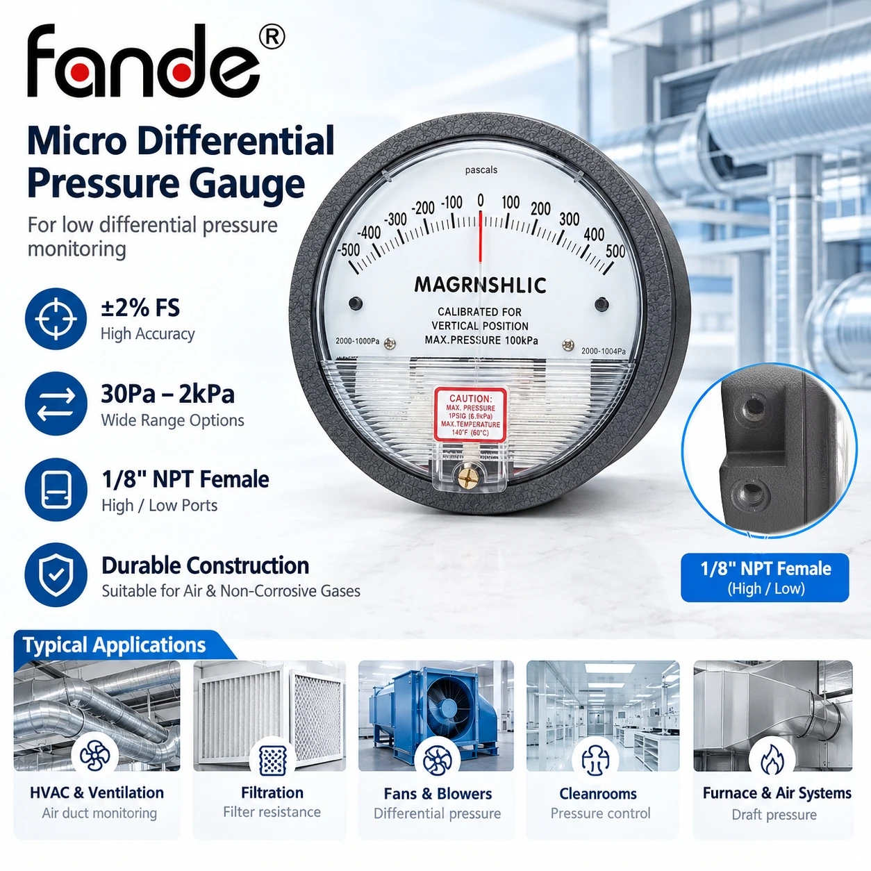 Micro Differential Pressure Gauge 30Pa-2kPa HVAC Manometer Bidirectional Filter Fan Blower 1/8