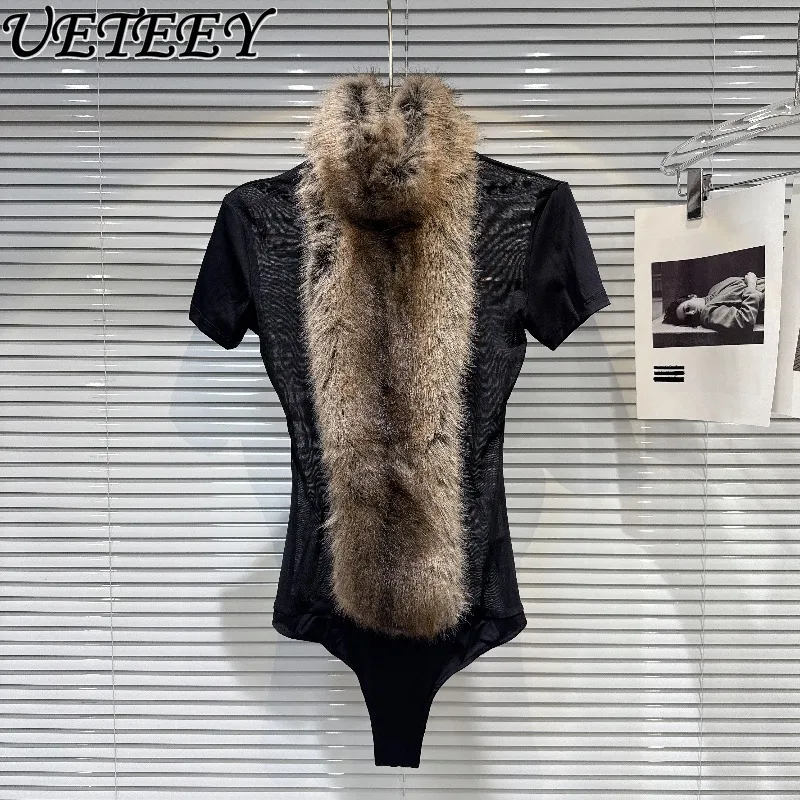 

Autumn New Sexy Hot Girl Faux Fur Patchwork Mesh Bodysuit Elegant Black Versatile Short Sleeve T-Shirt Jumpsuits for Women