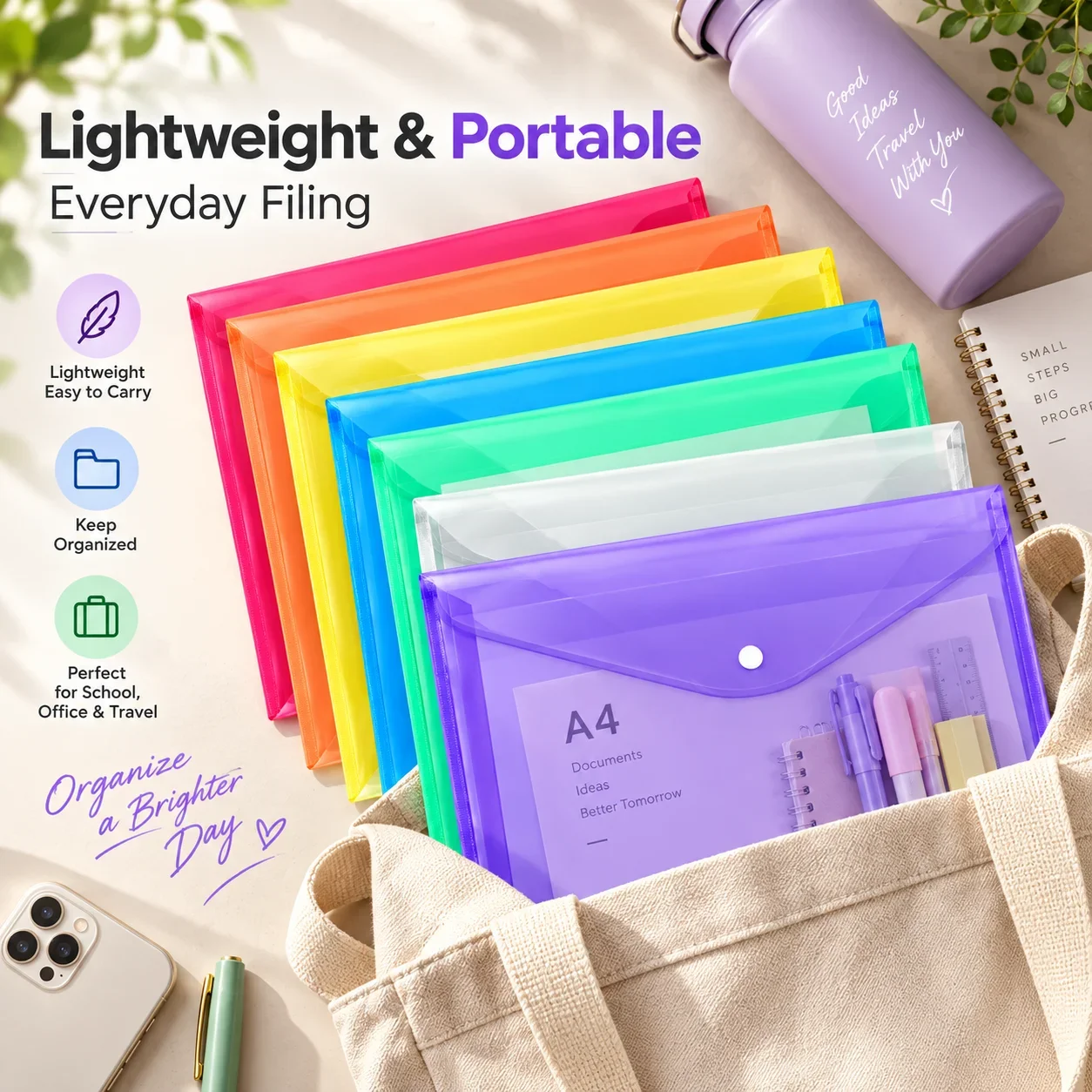 A4 Transparent Document Bag, Colorful Snap PP File Pouch, Storage Folder for Office and School Use