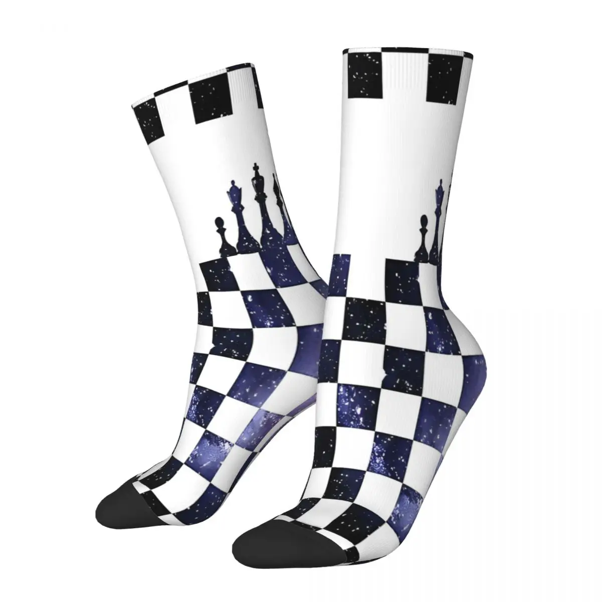 Autumn Winter Funny Men's Women's Galaxy Chess Game Board Black Silver Socks Chessboard King Queen Sweat Absorbing Yoga Socks