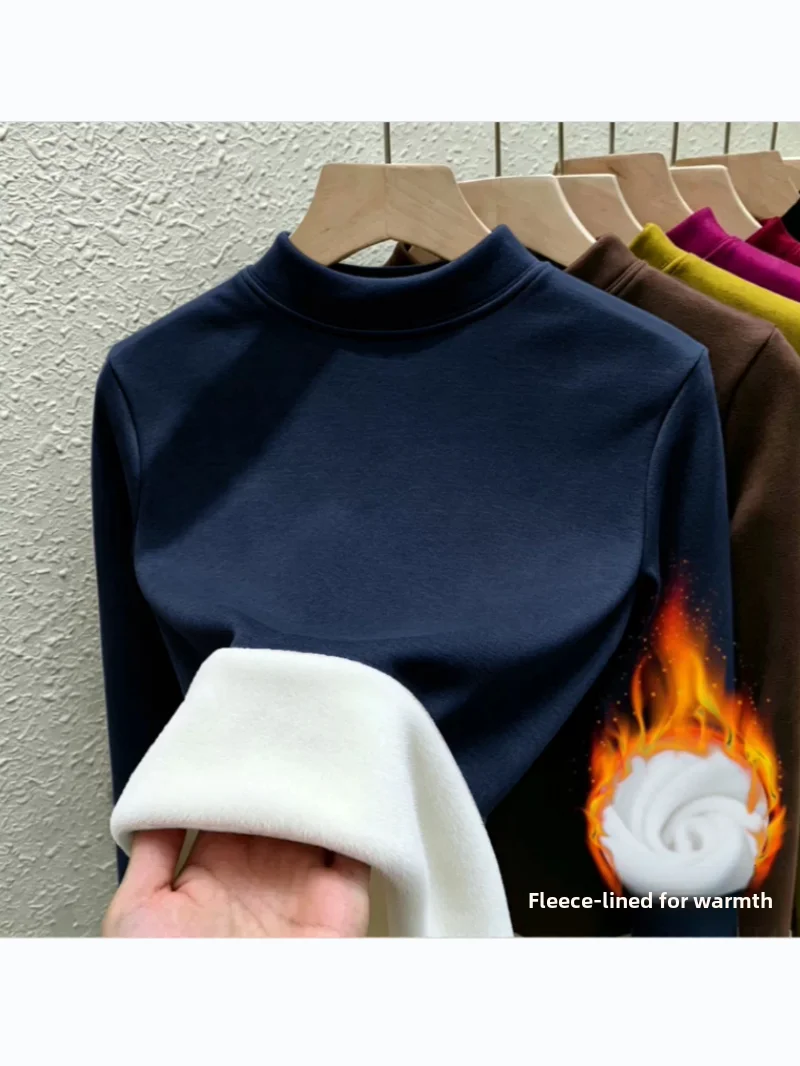 Winter Warm Fleece Lined Slim Fit Thick Long Sleeve Base Shirt Women's Inner Wear T-Shirt Top High Elasticity Medium Softness