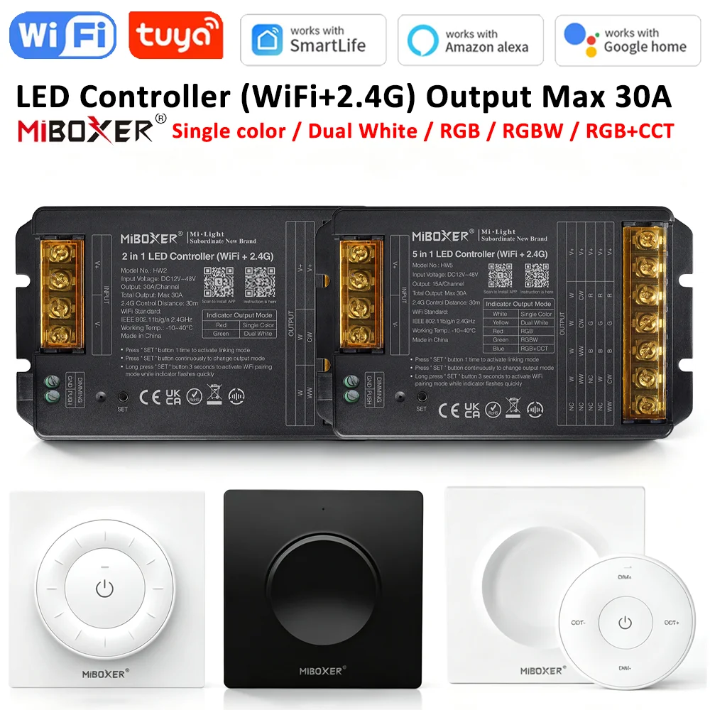 Miboxer WiFi+2.4G LED Controller  HW2 2IN1 HW5 5IN1 Tuya APP Voice Control for Single Color/Dual White/RGB/RGBW/RGBCCT Led Strip