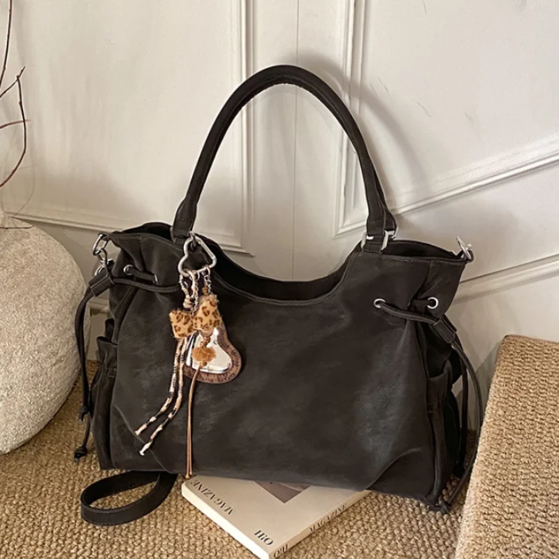 

Vintage Frosted Leather Handbag For Women Large Capacity Drawstring Shoulder Bag With Pendant Side Pocket Zipper Crossbody Bag