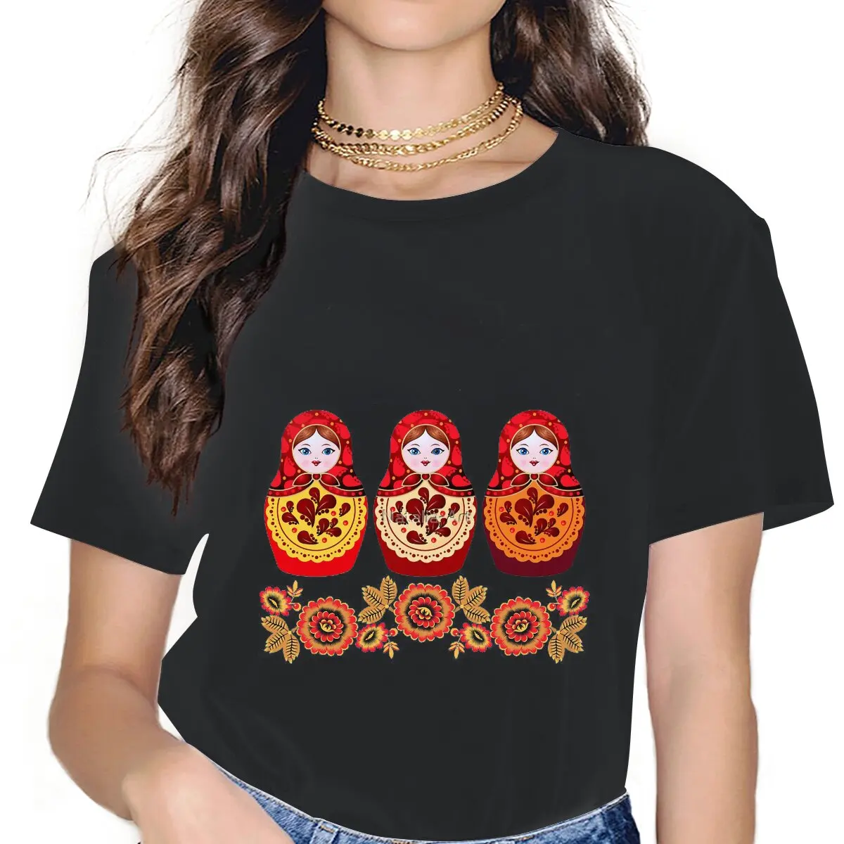 

Cute Women T Shirt Russia Matryoshka Art Culture Leisure Tee Shirt Short Sleeve Crew Neck T-Shirts Cotton New Arrival Tops