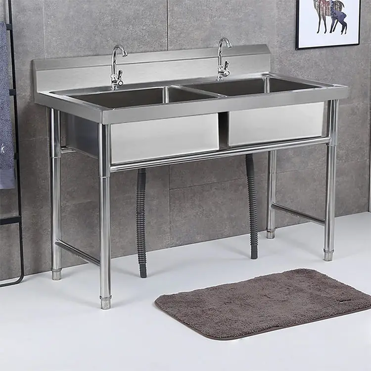 Customizable 201/304 Stainless Steel Double Square Bowl Kitchen Sink Backsplash-Without Faucet