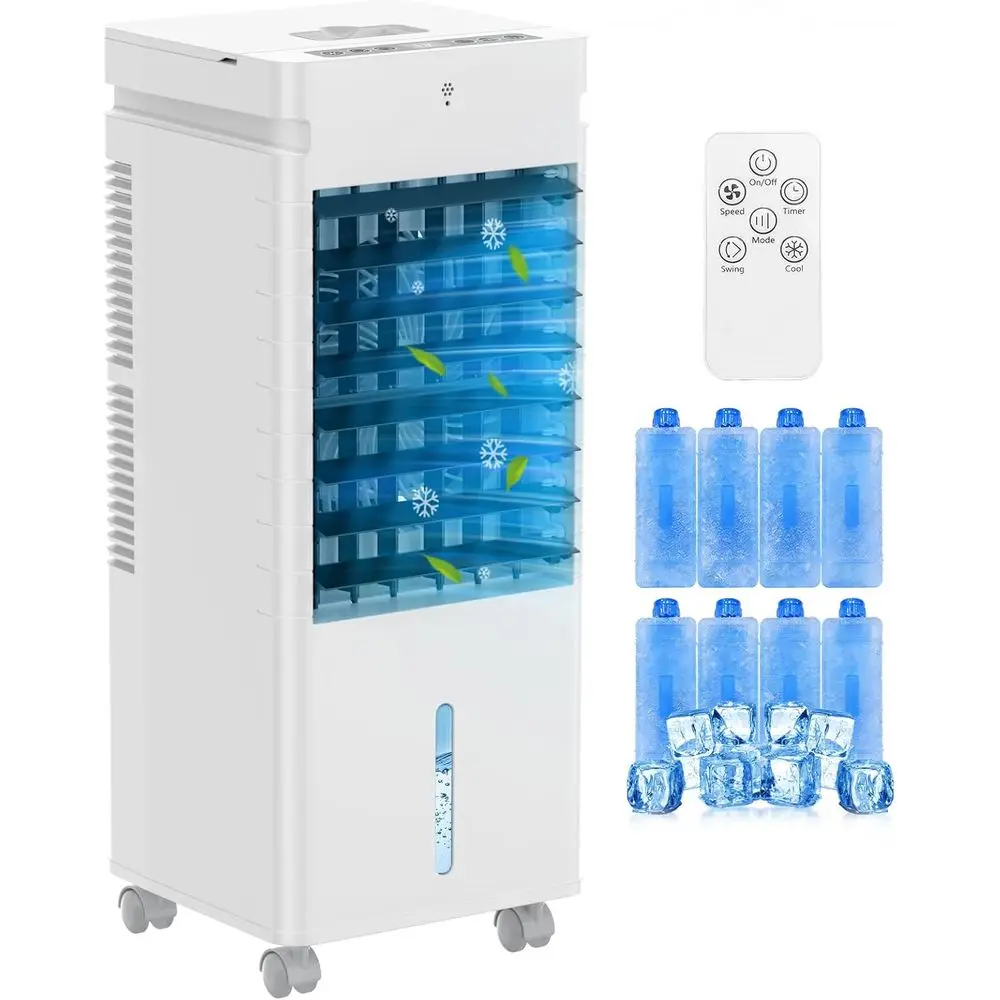 3-in-1 Portable Air Cooler with 60° Oscillation, Cold Air Blowing, 9H Timer, 3 Modes & 12 Speeds, 8 Ice Packs, Ideal for Rooms,