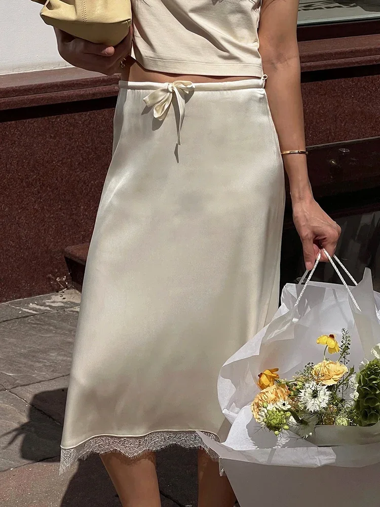 

Chic Satin Skirt Women Lace Edge Drawstring High Waist Elegant Long Skirts Fashion Streetwear Sexy Straight Skirts