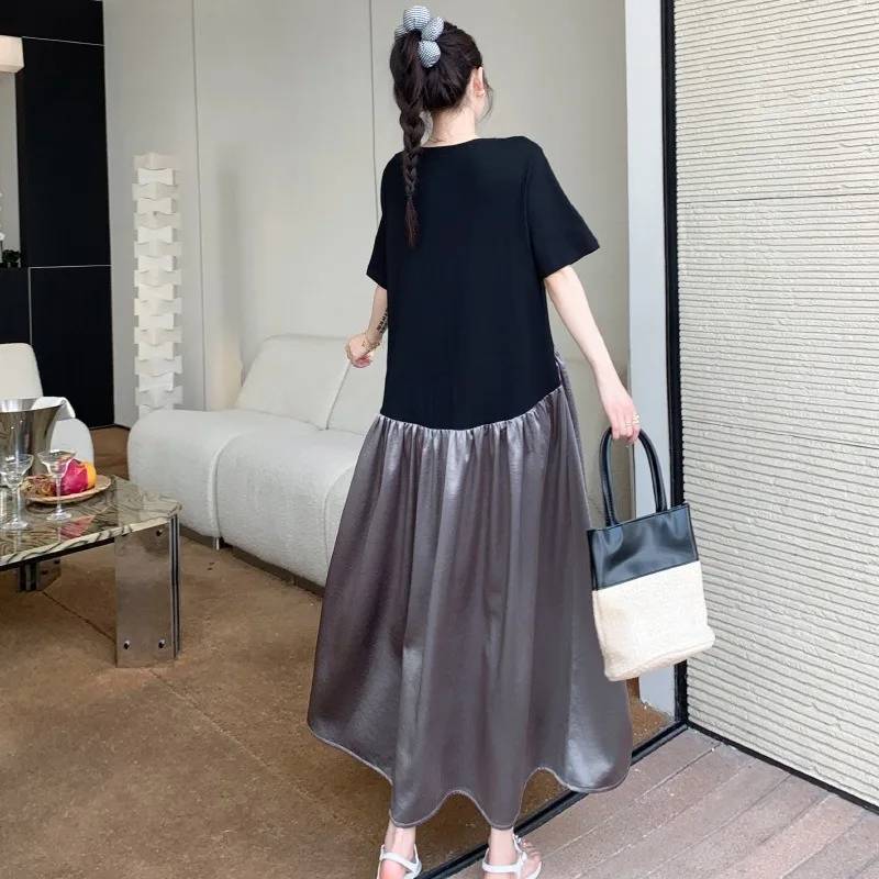 カジュアルルーズOネック半袖パッチワークマキシワンピース 夏 レディースワンピース 新作 スキニー ハイウエスト Aライン マキシTシャツワンピース