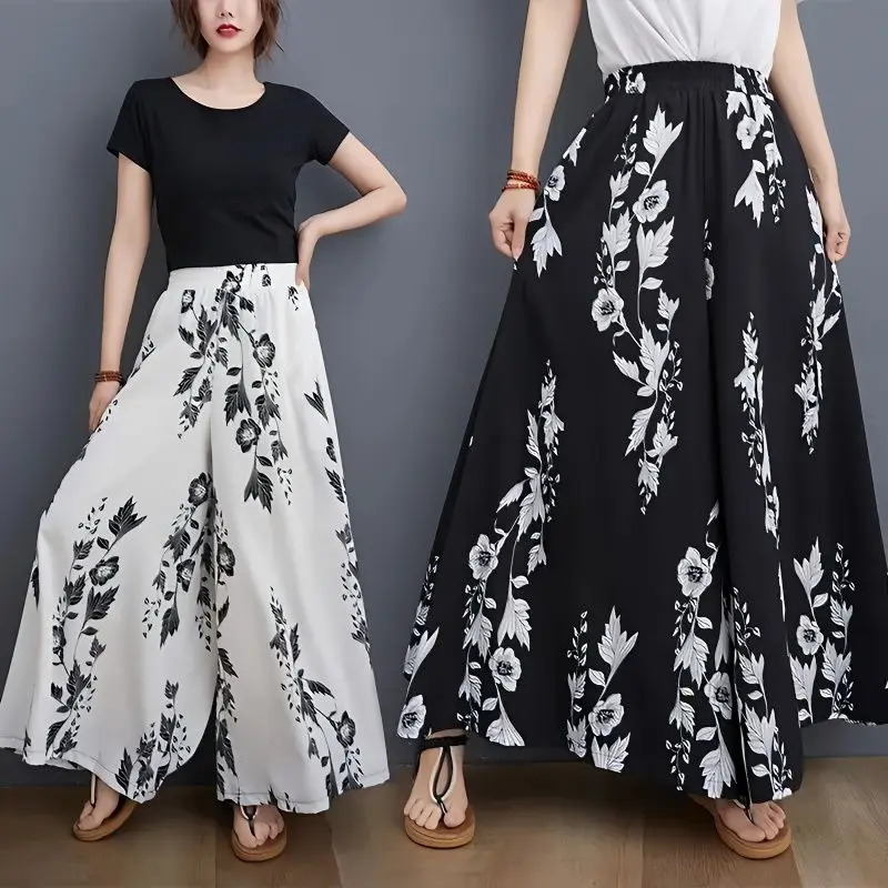 Korean Summer New Casual Loose Wide Legged Pants Women Fashion Print Elastic High Waist Thin Patchwork Large Hem Skirt Trousers