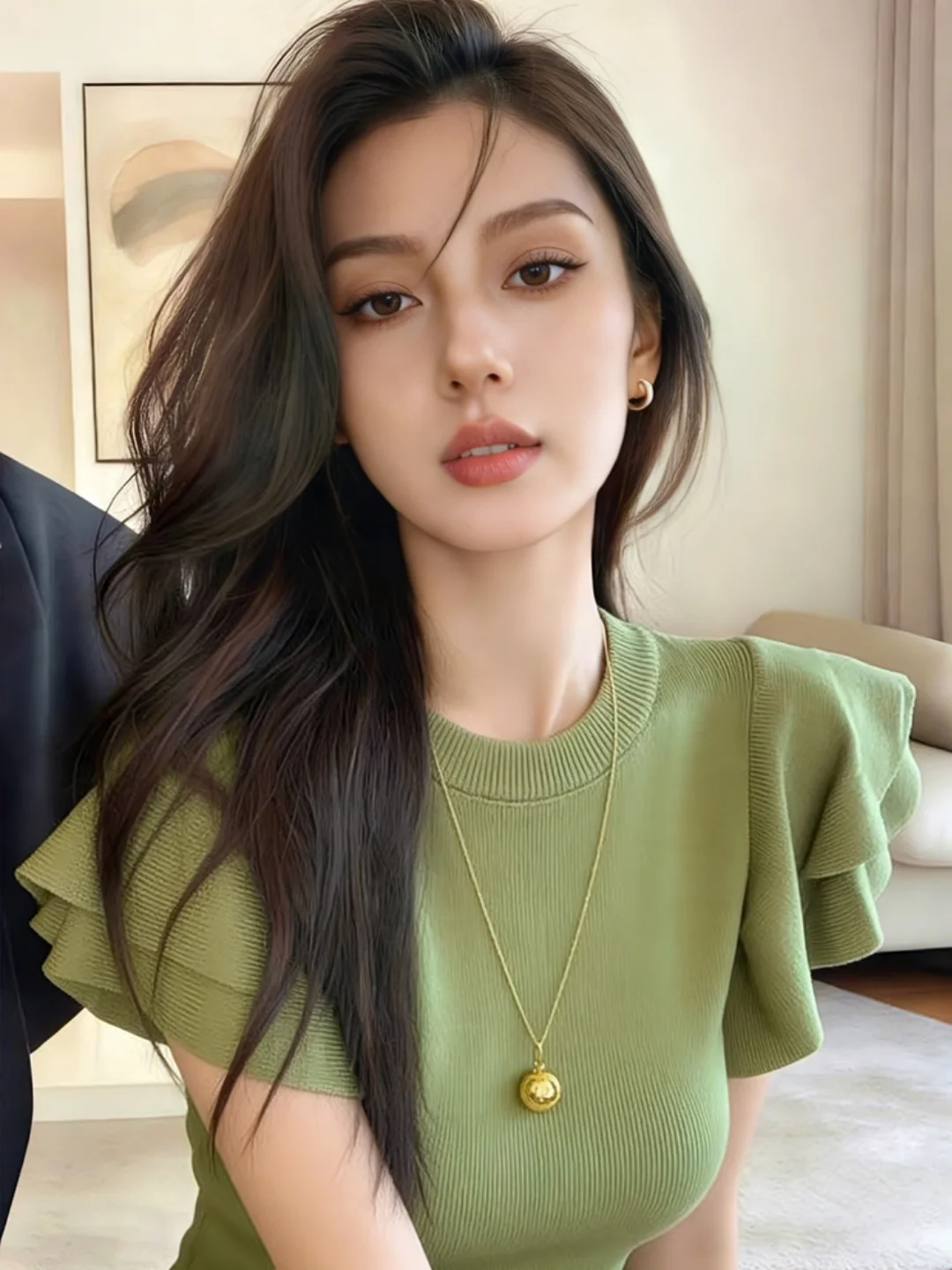 Unique Beautiful Ice Silk Knitted Top Women's Summer Fashion Green Advanced Sense Lace Trim T-Shirt Korean Style Standard Fit