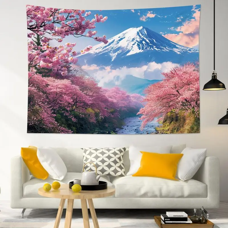 VIKAMA Japanese Ink Wash Tapestry Wall Hanging Mount Fuji Red Plum Blossom Zen Sumi E Aesthetic Wall Art Bedroom Decor