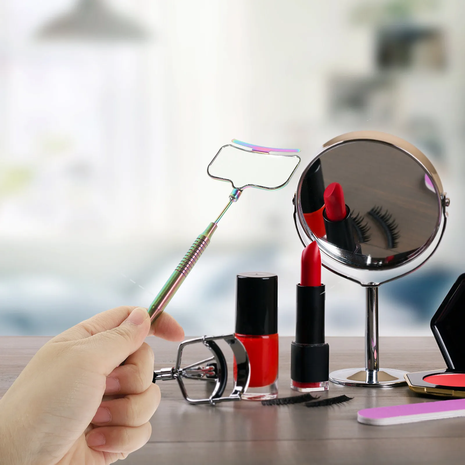 

Зеркало для наращивания ресниц с поворотом на 360 градусов, из нержавеющей стали, ручное, для макияжа, с линейкой-помощником для ресниц