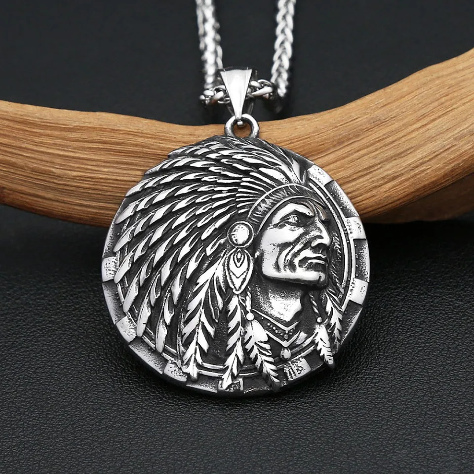 New Vintage Indian Chief Head Pendant Necklaces For Men 316L Stainless Steel Gothic Biker Ethnic Style Biżuteria Prezenty Hurtownia