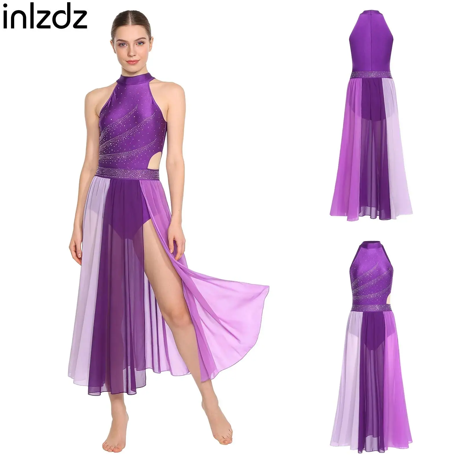 

Womens Sleeveless Rhinestone Mesh Modern Lyrical Ballet Jersey Leotard Dress Gymnastics Athletic Skating Performance Dancewear