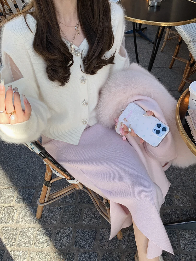 

Золотистый шерстяной кардиган с V-образным вырезом и юбка в комплекте Gold Musoom Ce De La Paix Jasmine Raccoon Outfit для зимних поездок на работу, свободный крой