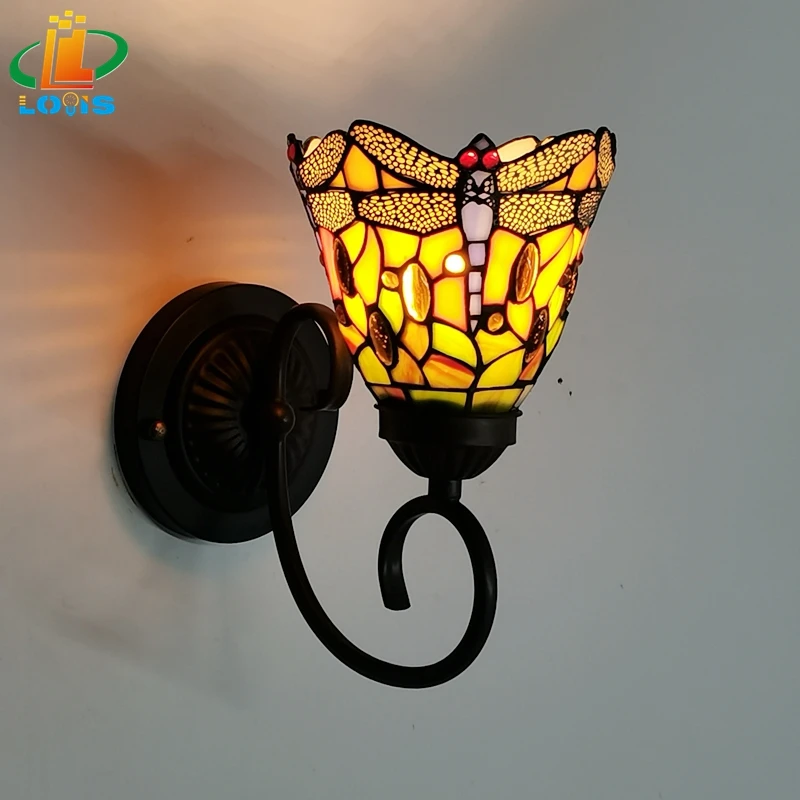 6" European Dragonfly Small Wall Lamp Tiffany Style Bar Restaurant Club Lighting Retro Nostalgic Stained Glass Hand-welded