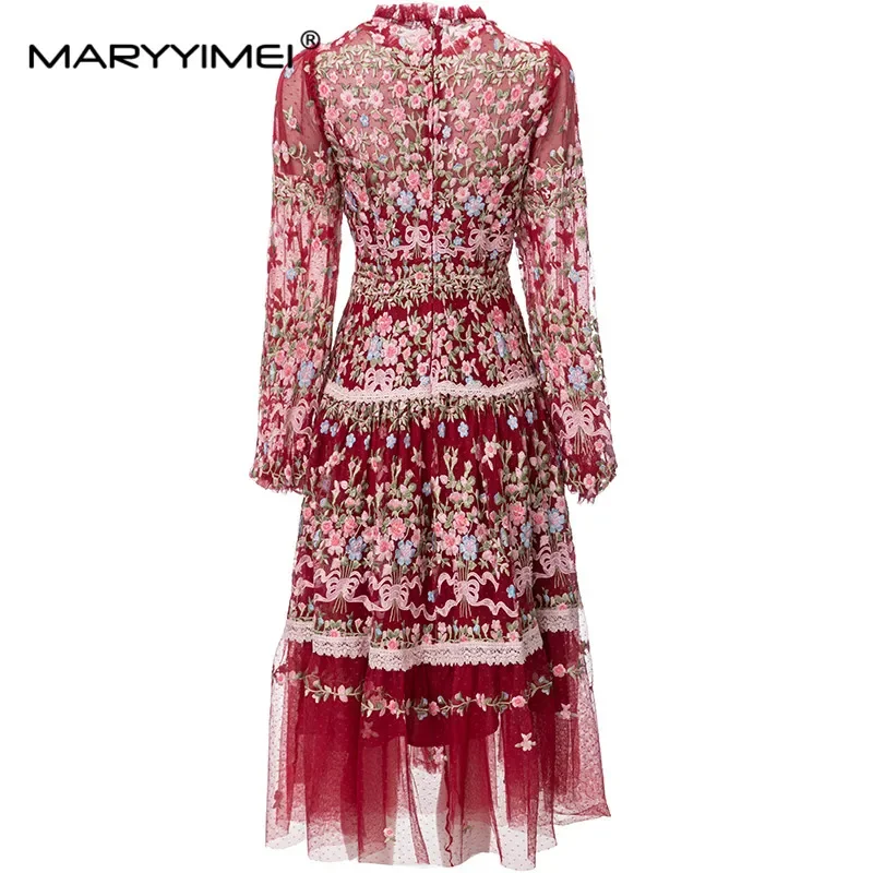 MARYYIMEI ヴィンテージファッションデザイナードレス女性のメッシュ刺繍半透明ランタンスリーブスリムレッドミディドレス 2023 最新